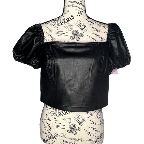Avec Les Filles LARGE Faux Leather Puffy Sleeve Zipper Back Square Neck Crop Top - Picture 1 of 13